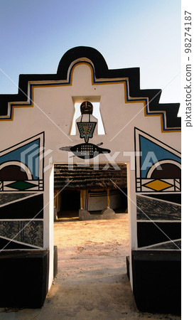 Traditional Ndebele hut at Botshabelo near Mpumalanga, South Africa Traditional Ndebele hut at Botshabelo near Mpumalanga, South Africa 98274187