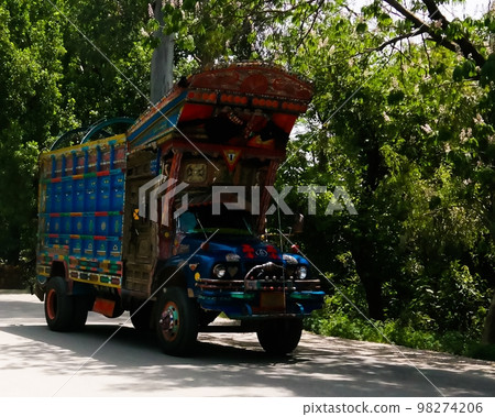 Decorated truck on the Karakoram highway, Pakistan 98274206