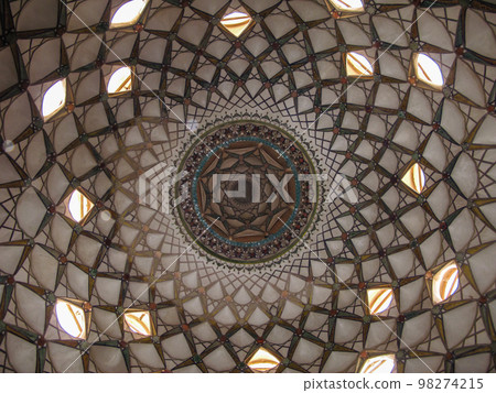 Decorated ceiling inside of Borujerdi traditional persian house, Kashan Iran 98274215