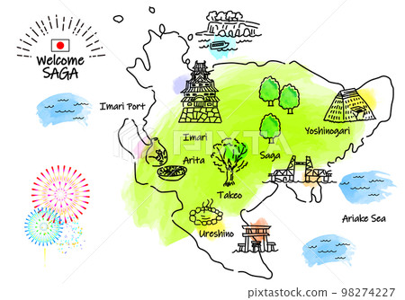 Simple line drawing illustration map of sightseeing spots in Saga Prefecture 98274227