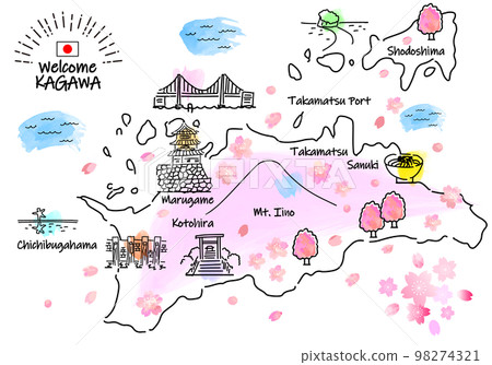 Simple line drawing illustration map of tourist spots in Kagawa Prefecture in spring (pink) Simple line drawing illustration map of tourist spots in Kagawa Prefecture in spring (pink) 98274321