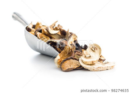 Various sliced dried mushrooms in scoop isolated on white background. 98274635