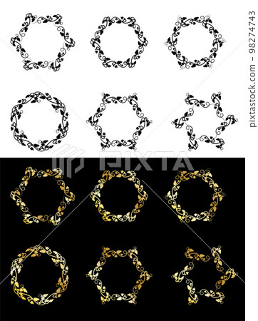 Set of round and hexagonal frames for wine or juice packaging. Bunch of grapes with leaves and tendrils. Autumn harvest. Advertising label with berry silhouette. Simple flat vector 98274743