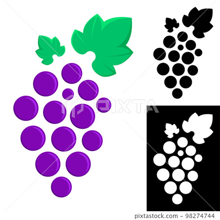 Symbol, emblem of juicy bunch of grapes with leaves. Brand name element for alcoholic and berry drinks. Simple black and white vector isolated on white background 98274744