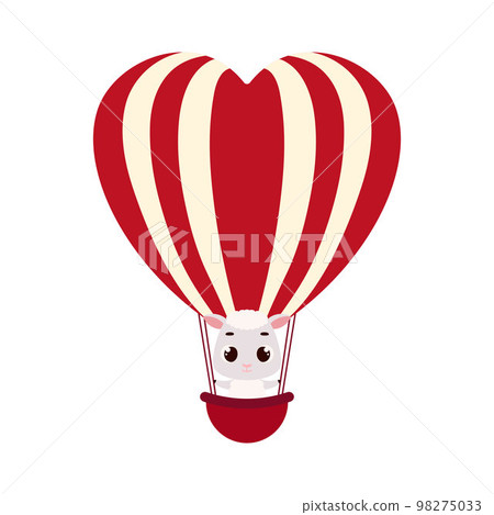 Cute little sheep fly on heart hot air balloon. Cartoon animal character for kids cards, baby shower, invitation, poster, t-shirt composition, house interior. Vector stock illustration 98275033