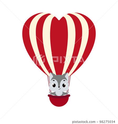 Cute little wolf fly on heart hot air balloon. Cartoon animal character for kids cards, baby shower, invitation, poster, t-shirt composition, house interior. Vector stock illustration 98275034