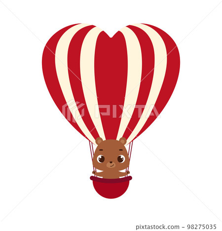 Cute little bear fly on heart hot air balloon. Cartoon animal character for kids cards, baby shower, invitation, poster, t-shirt composition, house interior. Vector stock illustration 98275035