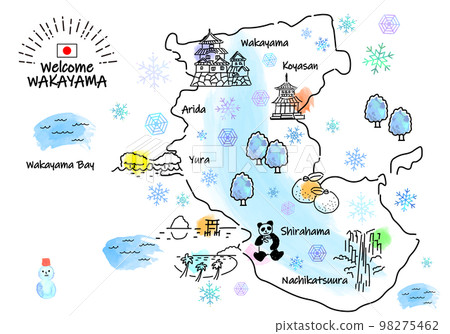 Simple line drawing illustration map of tourist spots in Wakayama Prefecture in winter Simple line drawing illustration map of tourist spots in Wakayama Prefecture in winter 98275462