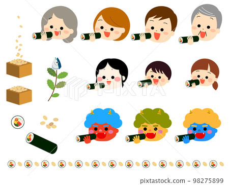 Family eating ehomaki, demons and Otafuku 98275899