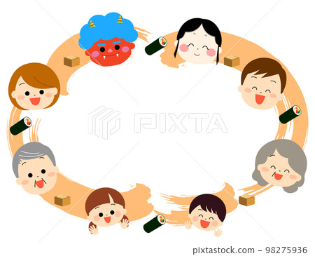 Setsubun frame of family, red demon and Otafuku 98275936