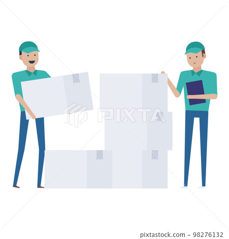 Illustration material of two workers counting and carrying cardboard boxes 98276132