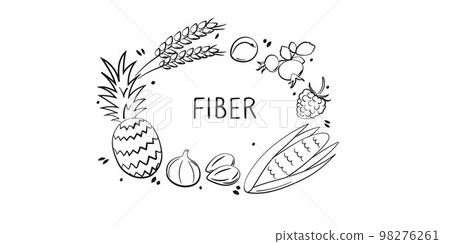 Fiber-containing food. Groups of healthy products containing vitamins and minerals. Set of fruits, vegetables, meats, fish and dairy 98276261