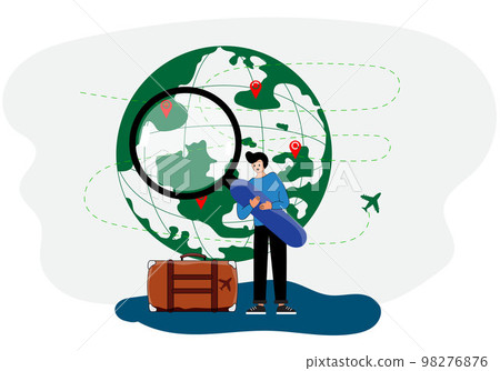 Man holding a magnifying glass and a suitcase on the back of a globe and an airplane : Concept. Scan around the world. 98276876