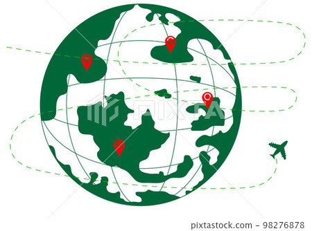 Green world map with dotted lines and planes: concepts, exploration and travel around the world with clear goals and destinations. 98276878
