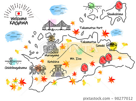 Simple line drawing illustration map of tourist spots in Kagawa prefecture in autumn 98277012