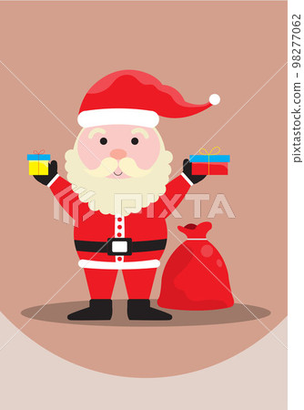 Christmas Uncle in Santa Claus costume holding gift boxes and red bags holding presents for distribution. 98277062