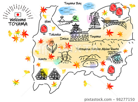 Simple line drawing illustration map of tourist spots in Toyama Prefecture in autumn 98277150