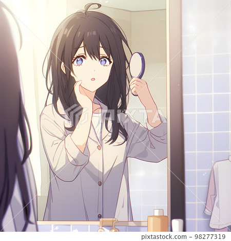 A woman who wakes up in the morning and is getting dressed in front of the mirror "AI generated image" 98277319