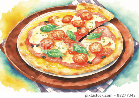 Pizza Margherita watercolor style illustration "AI generated image" 98277342