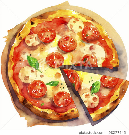 Pizza Margherita watercolor style illustration "AI generated image" 98277343