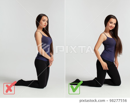 Portrait of a beautiful woman demonstrating the right and wrong way of posing. 98277556