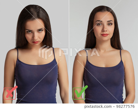 Portrait of a beautiful woman demonstrating the right and wrong way of posing. 98277576