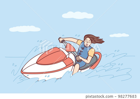 Happy woman with flowing hair rides jet ski on sea during summer trip to hot islands. Vector image 98277683