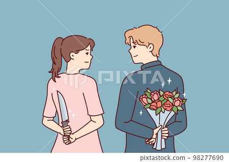 Man and woman look into eyes holding knife and flowers behind their backs. Vector image Man and woman look into eyes holding knife and flowers behind their backs. Vector image 98277690