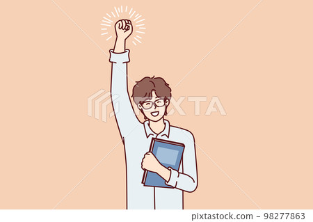 Joyful guy student with textbook in hand makes winning gesture after winning olympiad. Vector image 98277863