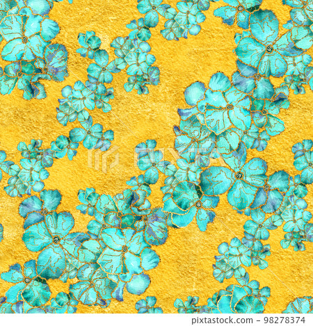 Textured floral seamless pattern. Abstract watercolor painting teal colored flowers with golden streaks and rust on gold leaf textured paper. Textured floral seamless pattern. Abstract watercolor painting teal colored flowers with golden streaks and rust on gold leaf textured paper. 98278374