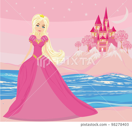 Beautiful queen in front of her castle 98278403