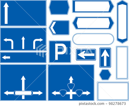 Illustrations, frames, arrows of various road and traffic signs 98278673