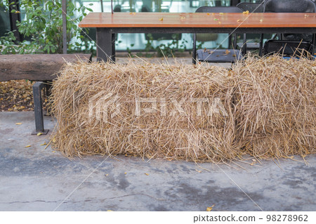 Large haystack of hay were prepared for the animals to eat. 98278962