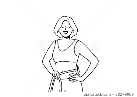Smiling woman with tape on waist Smiling woman with tape on waist 98279009