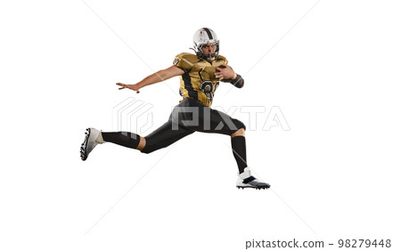 Holding ball and running. Man, american football player in motion, training over white studio background. Concept of sport, competition 98279448