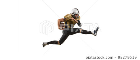 Active game, in a run. Man, american football player in motion, training over white studio background. Concept of sport, competition Active game, in a run. Man, american football player in motion, training over white studio background. Concept of sport, competition 98279519