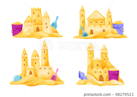 Sand castles set, vector icons or cliparts. Sand castles set, vector icons or cliparts. 98279521