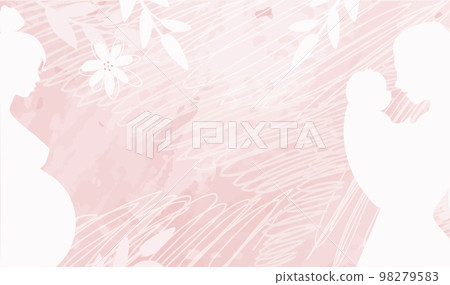 Pregnancy and motherhood modern banner with copy space, white silhouette of pregnant woman and woman with baby, beautiful cute background for text. Modern vector illustration. 98279583