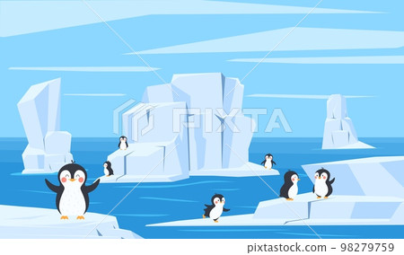 Cute penguins in landscape of southern hemisphere, flat vector illustration. Cute penguins in landscape of southern hemisphere, flat vector illustration. 98279759
