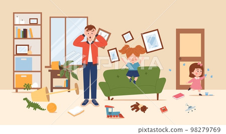Parent horrified by the mess made by naughty children flat vector illustration. 98279769