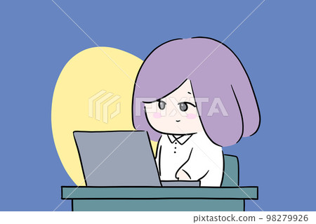 一個在黑暗的房間里工作的女人，一個在電腦前工作的女人，一個人，加班，插圖，微笑 98279926