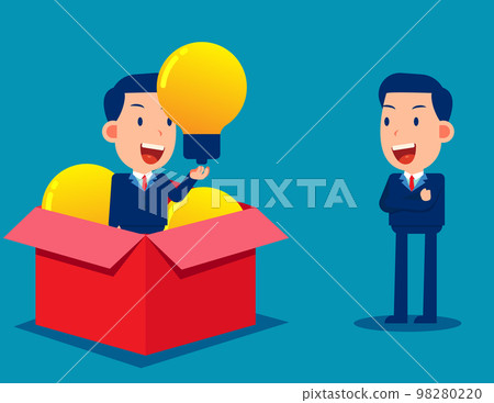 Successful business person holds idea lightbulb. Open cardboard box 98280220