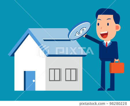 Mortgage concept. Puts dollar coin in house or bank building Mortgage concept. Puts dollar coin in house or bank building 98280228