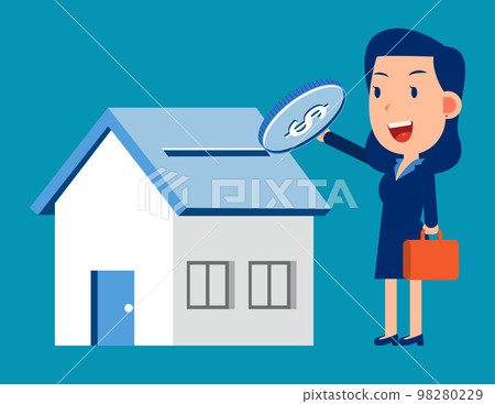 Mortgage concept. Puts dollar coin in house or bank building Mortgage concept. Puts dollar coin in house or bank building 98280229