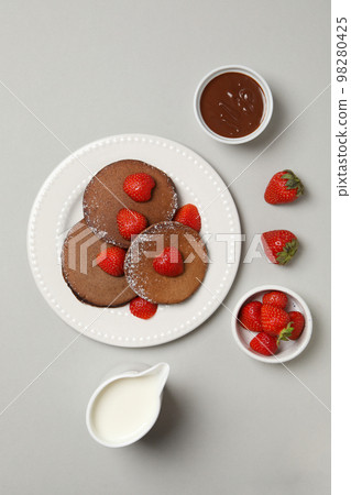Concept of sweet food, chocolate pancakes, top view 98280425