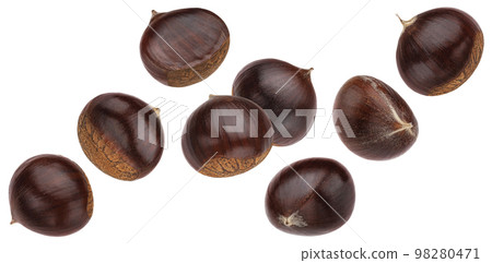 Falling chestnuts isolated on white background 98280471