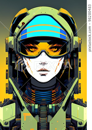 A portrait of a beautiful girl-a war in modern armor with the latest weapons of the future. Woman with a helmet and a space suit, with a space background 98280483