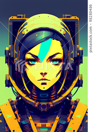A portrait of a beautiful girl-a war in modern armor with the latest weapons of the future. Woman with a helmet and a space suit, with a space background 98280486