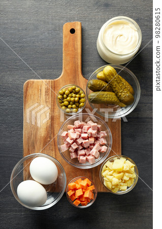 Concept of New year food, Olivier salad, top view 98280615
