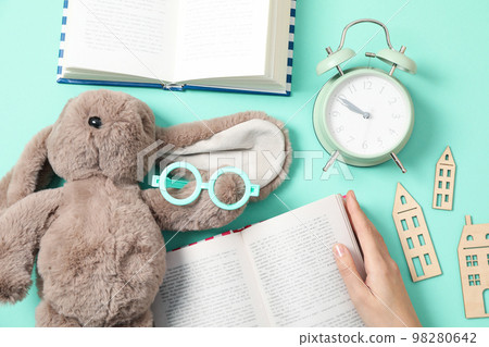 Concept of baby book or books for children, top view Concept of baby book or books for children, top view 98280642